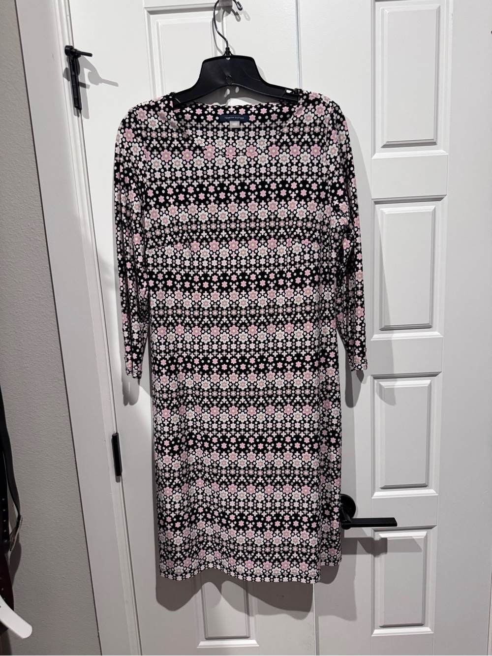 Tommy Hilfiger Black & Pink Floral-Stripe Long Sleeve Dress
